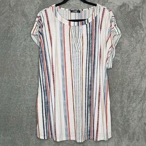 Cure 3X Shirt Top White Striped Faux Tab Short Sleeve Keyhole Scoop Neck Stretch